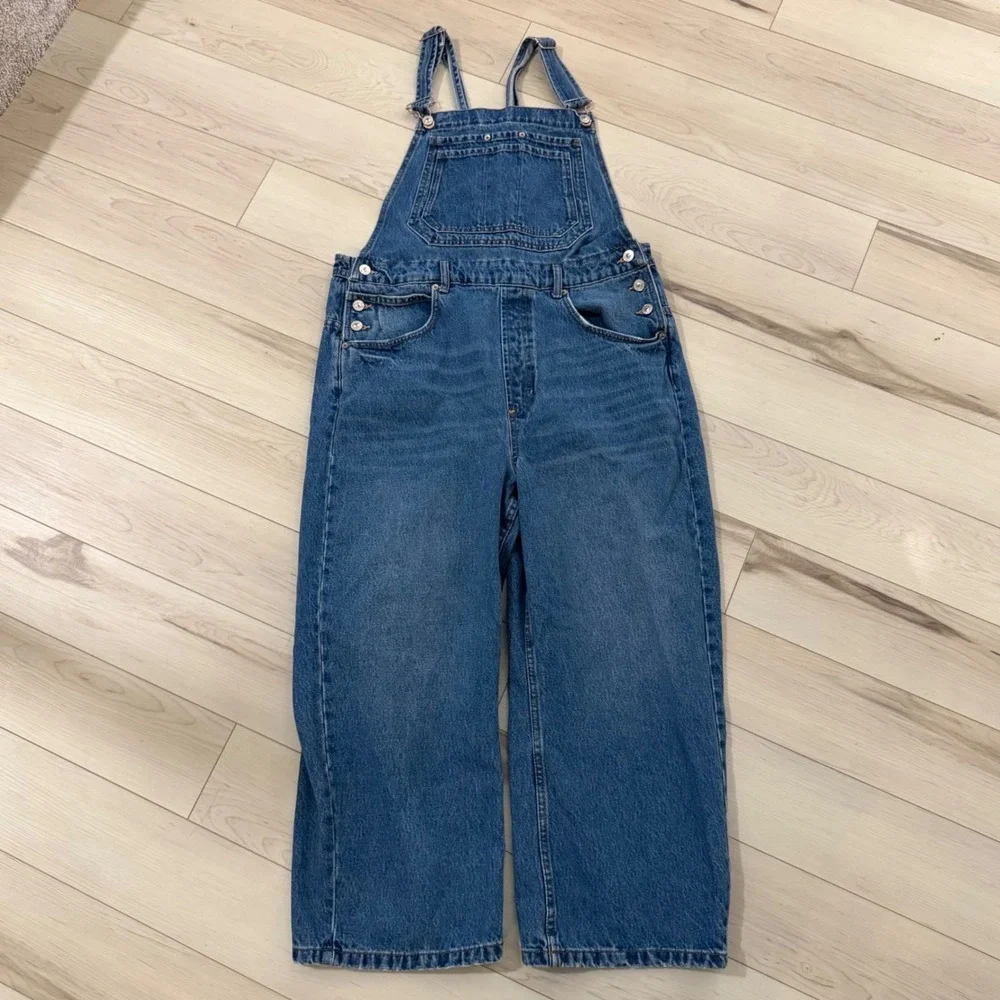 Denim Overalls Women Medium Wash Straight Leg Bib Dungarees Blue